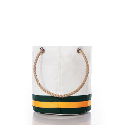 Sea Bags Green Bay Packers Beverage Bucket with green and yellow stripes at the bottom, featuring thick, twisted rope handles, displayed against a white background. by Sea Bags