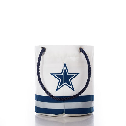 Dallas Cowboys Beverage Bucket by Sea Bags featuring white and blue stripes, a navy star logo inspired by the classic Dallas Cowboys look, and dark rope handles, displayed on a white background. by Sea Bags