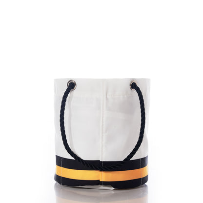The Pittsburgh Steelers Beverage Bucket by Sea Bags features white fabric with black rope handles and a striking yellow and black stripe near the bottom, displayed against a white background. This versatile bucket doubles as a sustainable cooler, making it perfect for keeping drinks chilled in style. by Sea Bags