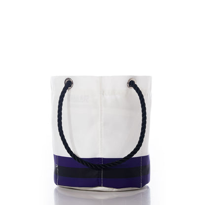 The Baltimore Ravens Beverage Bucket by Sea Bags features black rope handles and a navy-blue and black striped bottom, displayed on a white background—perfect as a sustainable cooler or stylish beverage bucket for any outing. by Sea Bags