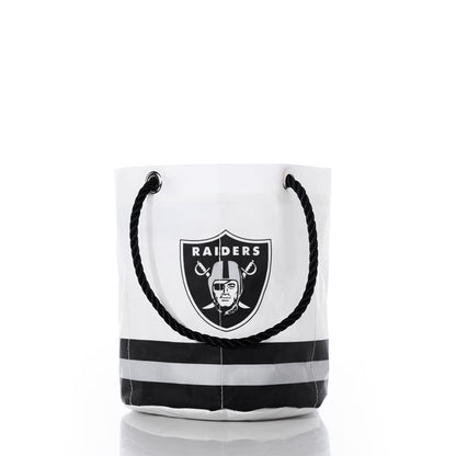 Sea Bags Las Vegas Raiders Beverage Bucket in black and white, featuring thick rope handles and the Raiders football team logo on the front, displayed against a plain white background. by Sea Bags