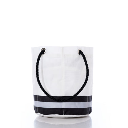 A stylish white Las Vegas Raiders Beverage Bucket by Sea Bags, featuring two black rope handles and two black horizontal stripes near the bottom, reminiscent of a classic NFL logo bag, displayed on a plain white background. by Sea Bags