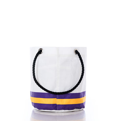 The Sea Bags Minnesota Vikings Beverage Bucket, featuring black rope handles and yellow and purple stripes at the bottom, is shown on a white background. by Sea Bags