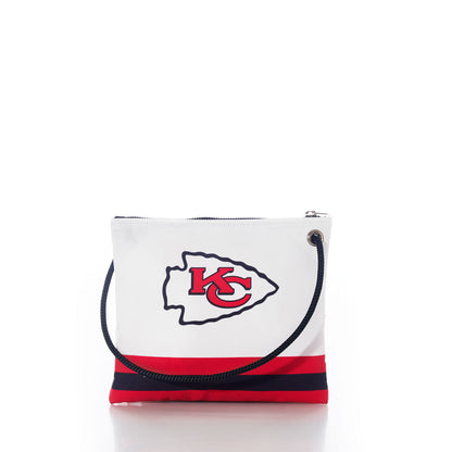 Introducing the Kansas City Chiefs Slim Crossbody by Sea Bags—a sustainable white and red zippered crossbody bag with a black strap, featuring the iconic Kansas City Chiefs logo on the front. Perfect for showing your team spirit on the go. by Sea Bags