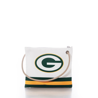 The Sea Bags Green Bay Packers Slim Crossbody is a stylish and sustainable white pouch crafted from recycled sail cloth, featuring a rope handle, the iconic Packers G logo, and green and yellow stripes at the bottom—perfect for any fan. by Sea Bags