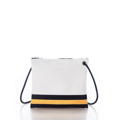 The Sea Bags Pittsburgh Steelers Slim Crossbody is a small white zippered pouch with a black strap, crafted from recycled sail cloth and featuring horizontal black and yellow stripes near the base for a distinct Steelers look, shown on a white background. by Sea Bags