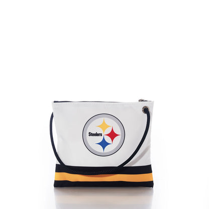 Introducing the Pittsburgh Steelers Slim Crossbody by Sea Bags—a sporty white crossbody bag made from recycled sail cloth, accented with a black strap, the official Pittsburgh Steelers logo, and a bold black and yellow stripe along the bottom for added team spirit and durability. by Sea Bags