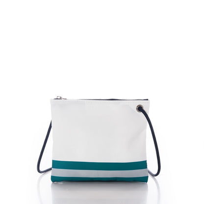 The Philadelphia Eagles Slim Crossbody by Sea Bags, crafted from recycled sail cloth and featuring a black strap with horizontal teal and light blue stripes near the bottom, makes an ideal sustainable gift for Philly fans—shown here on a white background. by Sea Bags