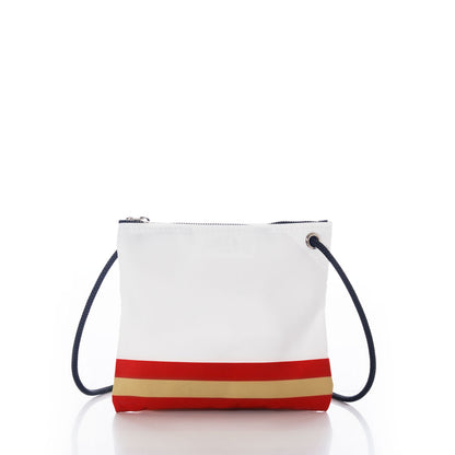 The Sea Bags San Francisco 49ers Slim Crossbody is a small white bag crafted from recycled sail cloth, featuring a navy strap, red and gold horizontal stripes near the bottom, and a top zipper closure. Set against a plain white background, this crossbody makes a sustainable and stylish statement. by Sea Bags