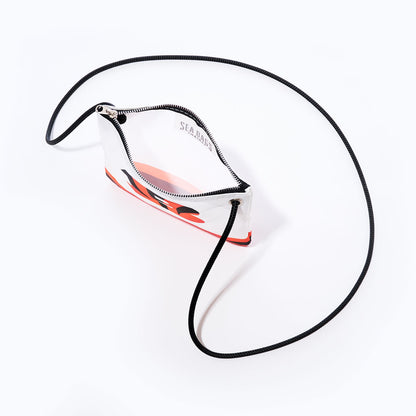 The Sea Bags Cincinnati Bengals Slim Crossbody is a small rectangular bag with a long black strap and a white body made from recycled sail cloth, featuring a top zipper and an abstract red and black design on the front, shown photographed from above on a white background. by Sea Bags