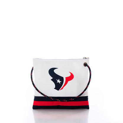 The Houston Texans Slim Crossbody by Sea Bags features a bold Houston Texans logo, a black and red striped bottom, and a durable red, black, and white rope handle—all expertly crafted from recycled sail cloth for lasting durability. Shown against a plain white background, this unique bag is the perfect choice for fans seeking both style and function. by Sea Bags