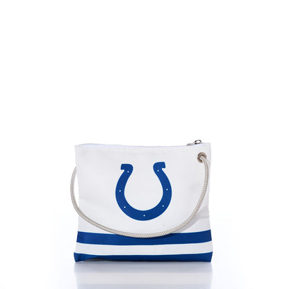 The Sea Bags Indianapolis Colts Slim Crossbody showcases blue and white stripes crafted from recycled sail cloth, featuring a sturdy rope handle and a blue horseshoe emblem on the front—an ideal accessory for any Colts fan. Photographed against a white background. by Sea Bags