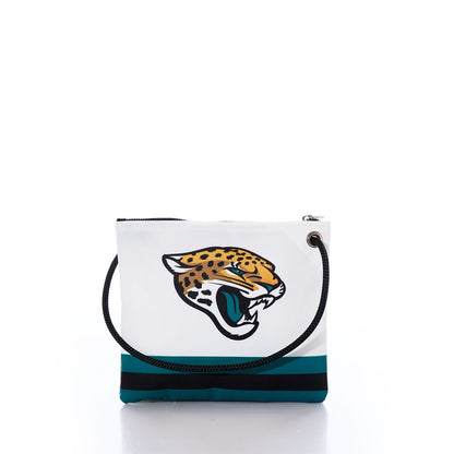 Carry your team pride in style with the Jacksonville Jaguars Slim Crossbody from Sea Bags. Featuring a white exterior crafted from durable recycled sail cloth, this unique bag sports teal and black stripes, a bold jaguar head logo on the front, a black zipper, and a black rope handle—making it the perfect accessory for any Jaguars fan. by Sea Bags