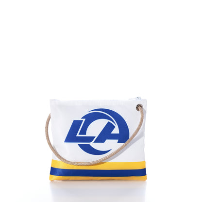 The Los Angeles Rams Slim Crossbody by Sea Bags is a white bag crafted from sustainable sail cloth, featuring blue and yellow stripes, a rope handle, and a stylized LA Rams logo on the front. This zippered gameday crossbody is pictured against a white background. by Sea Bags