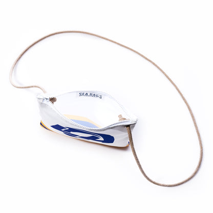 The Sea Bags Los Angeles Rams Slim Crossbody is a small white sail cloth bag with a blue and yellow graphic, beige cord strap, zippered closure, and visible inner lining, shown from above on a white background. by Sea Bags
