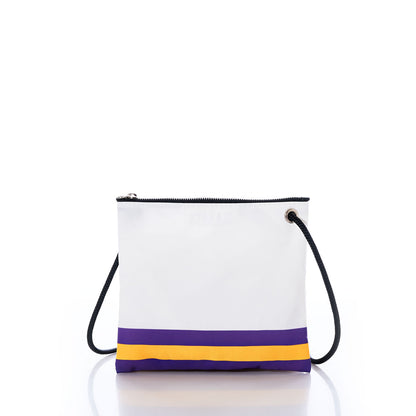 Sea Bags Minnesota Vikings Slim Crossbody, a compact white bag made from recycled sail cloth, features a black strap and distinctive purple and yellow stripes near the bottom—an understated tribute to the team—shown against a plain white background. by Sea Bags