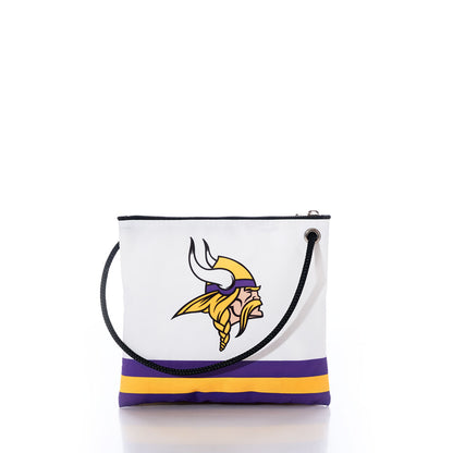 The Sea Bags Minnesota Vikings Slim Crossbody is a white bag made from recycled sail cloth, highlighted by the Vikings logo, a black zipper, black rope strap, and yellow and purple stripes at the bottom, shown on a white background. by Sea Bags