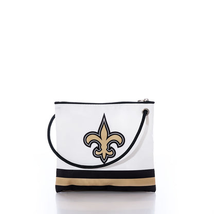 Introducing the New Orleans Saints Slim Crossbody by Sea Bags—a unique and stylish accessory crafted from recycled sail cloth. This eco-friendly white bag features a striking black and gold fleur-de-lis emblem on the front, reminiscent of classic Saints style, along with a black rope shoulder strap and bold black and gold stripes at the bottom. by Sea Bags
