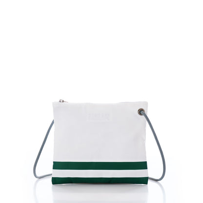 The Sea Bags New York Jets Slim Crossbody is a white rectangular bag made from recycled sail cloth, featuring a silver zipper, gray strap, and two green horizontal stripes near the bottom, displayed on a white background. by Sea Bags