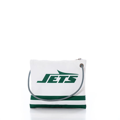 The New York Jets Slim Crossbody by Sea Bags is a white shoulder bag made from recycled sail cloth, featuring a gray strap, green stripes at the bottom, and JETS in bold green lettering on the front—making it the perfect stylish crossbody for any New York Jets fan. by Sea Bags