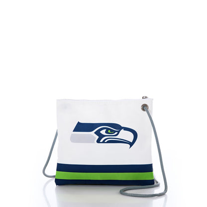 The Sea Bags Seattle Seahawks Slim Crossbody, crafted from recycled sail cloth and featuring the NFL logo with iconic blue and green Seahawks stripes, is displayed on a white surface with a gray strap. by Sea Bags