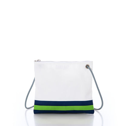 The Seattle Seahawks Slim Crossbody from Sea Bags is a white zippered shoulder bag made from recycled sail cloth, featuring a blue and green horizontal stripe near the bottom, a gray strap, silver grommet, and the official NFL logo on a white background—an essential accessory for any Seahawks fan. by Sea Bags