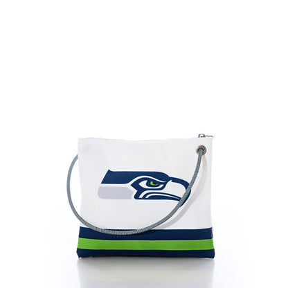 Crafted from recycled sail cloth, the Seattle Seahawks Slim Crossbody by Sea Bags features a bold Seahawks logo, horizontal navy and green stripes at the bottom, and a gray rope shoulder strap against a white background. by Sea Bags