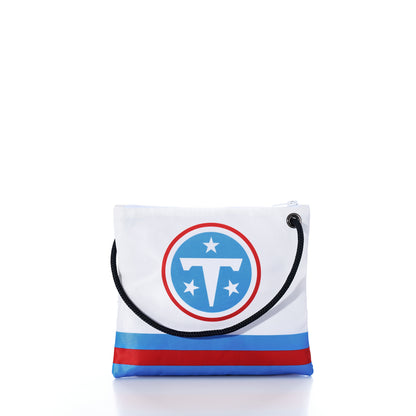Introducing the Sea Bags Tennessee Titans Slim Crossbody—a white zippered pouch featuring navy and blue stripes at the bottom, crafted from recycled sail cloth for an eco-friendly flair. Outfitted with a black rope shoulder strap threaded through metal grommets, this sustainable crossbody bag is perfect for Titans NFL fans or anyone looking to elevate their style with an environmentally conscious accessory. by Sea Bags