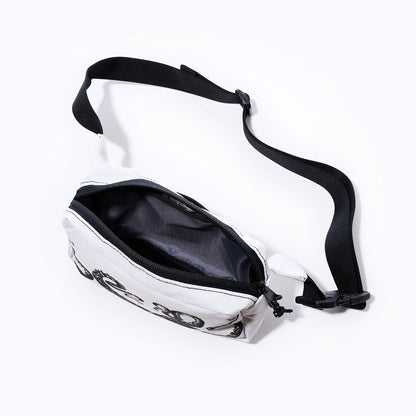 The Sea Bags Octopus Belt Bag is a compact white waist bag made from recycled sail cloth, featuring a zippered closure and a black adjustable strap. Shown open to reveal its empty interior against a plain white background, its the ideal belt bag for carrying your travel essentials. by Sea Bags