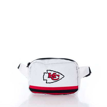 Sea Bags Kansas City Chiefs Belt Bag in white, featuring red and black stripes with the teams logo, shown on a white background. by Sea Bags