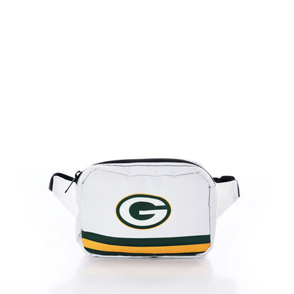 Sea Bags Green Bay Packers Belt Bag—a sustainable white belt bag with a zipper, featuring the Green Bay Packers logo and green and yellow stripes along the bottom, displayed on a plain white background—perfect for any fan. by Sea Bags