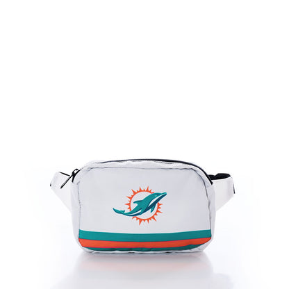 The Sea Bags Miami Dolphins Belt Bag is crafted from recycled sail cloth for a sustainable touch and showcases the team’s logo with teal and orange stripes on the front. Presented on a plain white background, this eco-friendly accessory blends style and functionality—perfect for any Dolphins fan. by Sea Bags