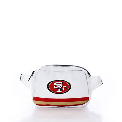The Sea Bags San Francisco 49ers Belt Bag is an eco-friendly white accessory made from recycled sail cloth, showcasing the teams iconic logo on the front and finished with a bold red and gold stripe at the bottom—all set against a white background. by Sea Bags