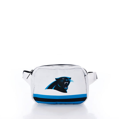 Sea Bags Carolina Panthers Belt Bag featuring a white design with a black strap, the official team logo, and two horizontal blue stripes at the bottom on a plain white background. This stylish accessory is perfect for Panthers fans eager to showcase their team spirit. by Sea Bags