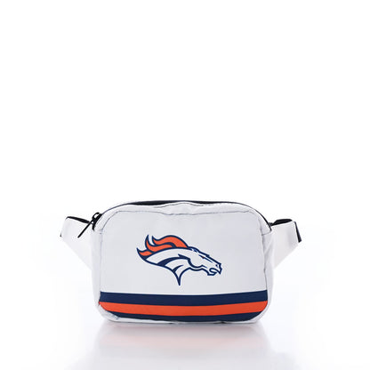 Denver Broncos Belt Bag by Sea Bags, crafted from recycled sail cloth, features the Denver Broncos logo and navy and orange stripes near the bottom, displayed on a white background. by Sea Bags