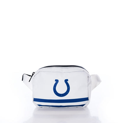 Crafted from recycled sail cloth, the Sea Bags Indianapolis Colts Belt Bag features a white design with blue stripes and a blue horseshoe logo on the front—blending sustainability and team spirit—shown against a plain white background. by Sea Bags