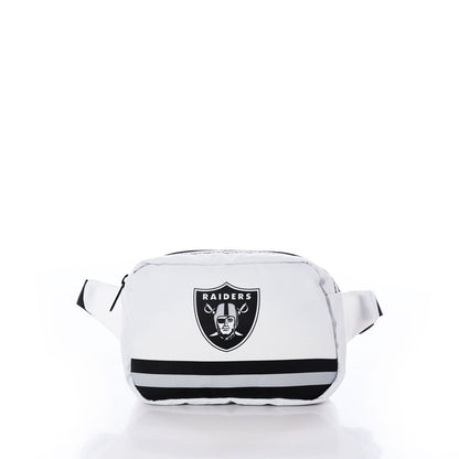 The Sea Bags Las Vegas Raiders Belt Bag, featuring a white design with black stripes and the Raiders logo on the front, is displayed against a plain white background. by Sea Bags