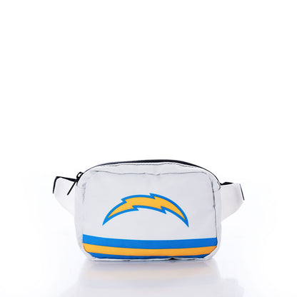The Los Angeles Chargers Belt Bag by Sea Bags is crafted from recycled sail cloth and showcases the team logo along with a blue and yellow stripe. Presented against a plain white background, this bag offers fans a stylish and eco-friendly accessory option. by Sea Bags