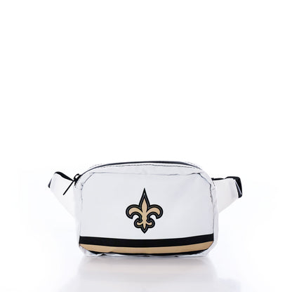 The New Orleans Saints Belt Bag by Sea Bags is crafted from recycled sail cloth and features a black and gold fleur-de-lis emblem on the front, a zipper closure, and an adjustable strap. Displayed against a plain white background, this distinctive belt bag is perfect for devoted Saints fans. by Sea Bags