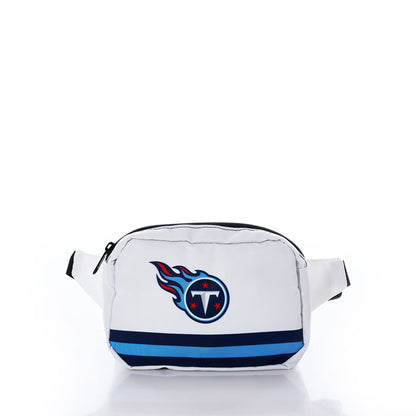 The Sea Bags Tennessee Titans Belt Bag, made from durable recycled sail cloth, features blue stripes and the Tennessee Titans logo on the front and is displayed against a plain white background. by Sea Bags
