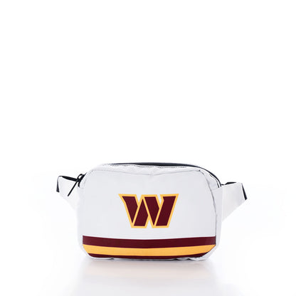 The Sea Bags Washington Commanders Belt Bag features a white design crafted from durable recycled sail cloth, accented with a maroon and gold W logo on the front, a horizontal stripe near the bottom, and finished with a black zipper closure. by Sea Bags