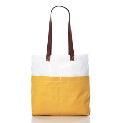 The Sea Bags Golden Yellow Chebeague Market Tote features a white upper section and a yellow lower section, accented with two brown leather handles and visible white stitching in the classic recycled sails tote style. by Sea Bags
