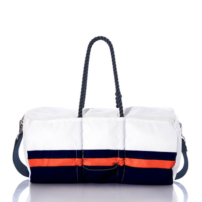 The Sea Bags Chicago Bears Duffel, made from recycled sail cloth and accented with navy and orange stripes near the bottom, features rope handles and a detachable shoulder strap. This duffel bag is shown on a reflective surface. by Sea Bags