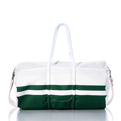 The New York Jets Duffel by Sea Bags, made from recycled sail cloth, showcases bold white and dark green stripes, sturdy white rope handles, and a detachable shoulder strap—offering a stylish tribute to the classic Jets bag against a crisp white background. by Sea Bags