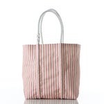 Red Seersucker Stripe Medium Tote by Sea Bags featuring two thick white rope handles, displayed upright against a plain white background.