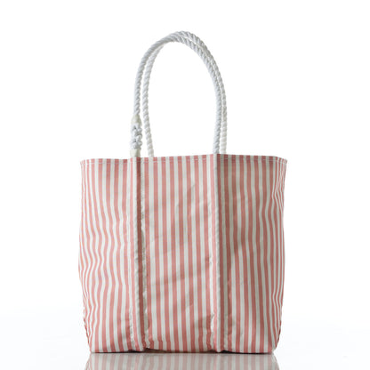 Red Seersucker Stripe Medium Tote by Sea Bags featuring two thick white rope handles, displayed upright against a plain white background.