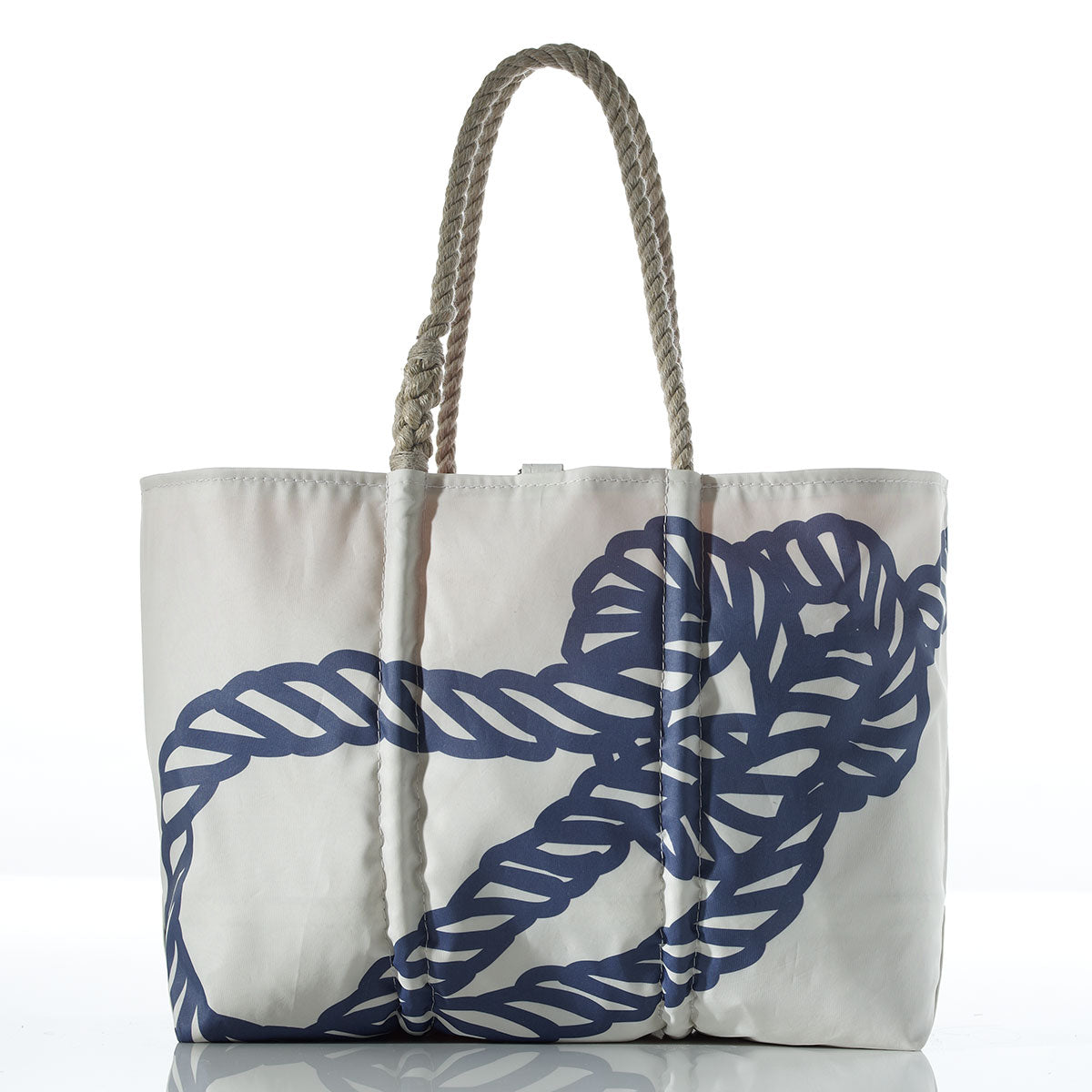 The Navy Bowline Large Tote by Sea Bags features rope handles and a bold navy bowline knot graphic, part of the Anniversary Archive Collection.