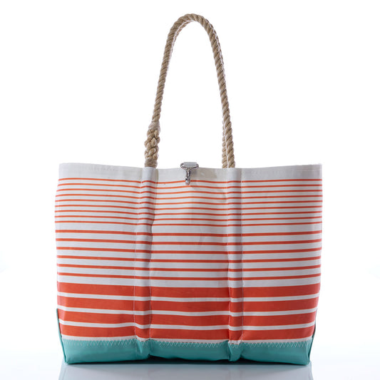 Orange Stripe Ogunquit Beach Tote with orange horizontal stripes, a turquoise bottom, rope handles, and a metal snap closure.