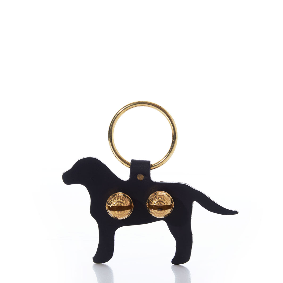 New England Bells’ Black Lab Door Chime features a dog-shaped charm with a gold ring and two small brass bells, set against a white background—perfect as a whimsical accent or door hanger for any space.