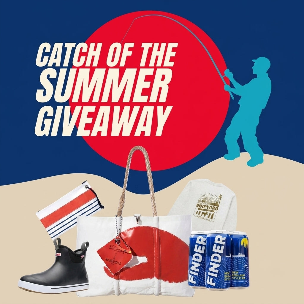 Promotional image for 'Catch of the Summer Giveaway' with beach-themed items including a bag, boots, and beer.